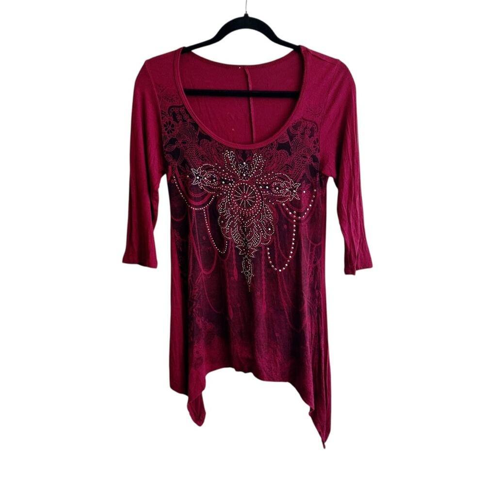 Sturgis Studded Shark Bite Hem Long Sleeve Top with Animal Print Detail